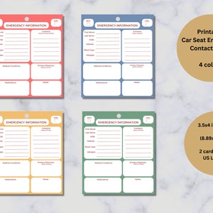 Carte d'urgence pour siège d'auto pour enfant, étiquette de sécurité imprimable, en cas d'urgence, étiquette ICE, informations d'urgence pour enfants, 4 schémas de couleurs