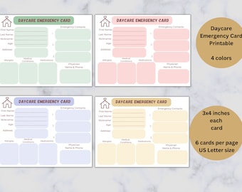 Daycare Emergency Card, Printable, In Case of Emergency Backpack Note, Emergency Information, 4 color schemes
