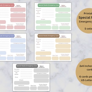 Special Needs Kids Emergency Card, Printable, In Case of Emergency Backpack Note, Emergency Information, 4 color schemes