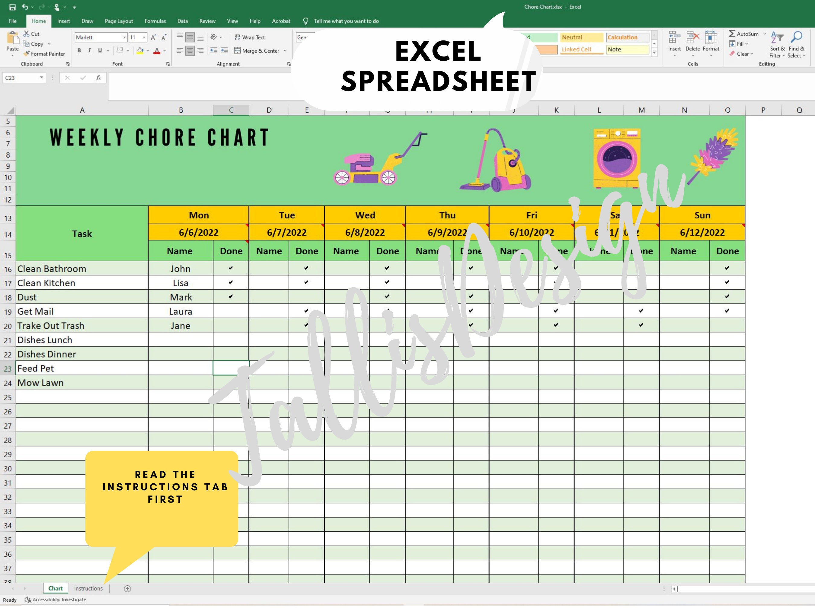 EXCEL Chore Chart Weekly Family Chore Chart Chore Schedule - Etsy
