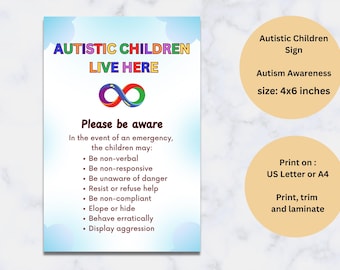 Autism Awareness Sign, Printable Autism Warning, In Case of Emergency, Autistic Children Safety Info, First Responders Sign for Home or Door