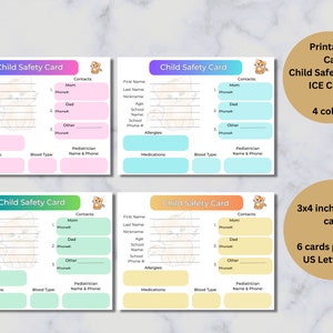 猫の子供安全カード、印刷可能、子供用安全バックパックメモ、緊急情報、4色配色、PDF印刷可能