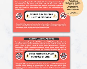 Fish Allergy Card for Italy Travel, Printable Bilingual Wallet Card, English and Italian, PDF Instant Download