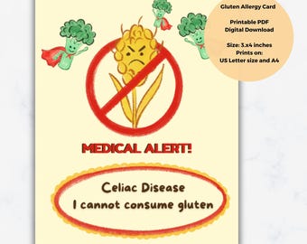 Gluten Allergy Card, Celiac Disease Alert Card Printable, No Gluten Bag Tag, Medical  Gluten Allergy Alert, Food Allergy Card, Printable PDF