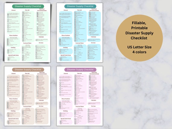 Disaster Preparedness Checklist, Hurricane Prep Checklist, Emergency List, Fillable Checkboxes, Printable, Fillable PDF, US Letter size