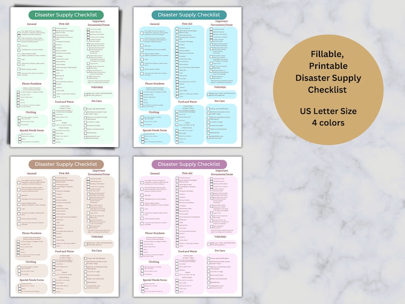 May include: Four printable disaster supply checklists in different colours: green, blue, beige, and pink. Each checklist includes sections for general items, first aid, important documents, phone numbers, vehicles, food and water, clothing, pet care, and special needs items.