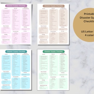 Peut inclure: Quatre listes de contrôle de fournitures de secours imprimables dans différentes couleurs : rose, bleu, vert et beige. Chaque liste de contrôle est divisée en catégories : Général, Premiers soins, Documents/articles importants, Numéros de téléphone, Véhicules, Vêtements, Nourriture et eau, Soins aux animaux de compagnie et Articles pour les besoins spéciaux. Les listes de contrôle sont conçues pour du papier de format lettre US.