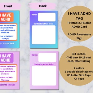 I Have ADHD Tag, ADHD Card, Emergency Contact, Safety Info, Digital Download, Fillable pdf, US Letter and A4