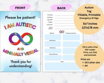 Autism Card Fillable, Rainbow Editable Sign, Printable, I am Autistic, Minimally Verbal,Emergency ID, Medical Alert