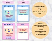 Diabetes Alert Tag, Type I Diabetes Sign, Emergency ID, Safety Info, Medical Alert, Digital Download, Fillable PDF, US Letter and A4