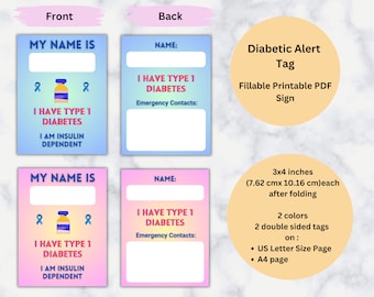 Diabetes Alert Tag, Type I Diabetes Sign, Emergency ID, Safety Info, Medical Alert, Digital Download, Fillable PDF, US Letter and A4