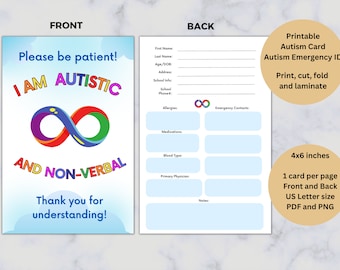 Autistic and Non-Verbal Card, Printable, Autism Emergency ID, I am autistic sign, Safety Info, Digital Download