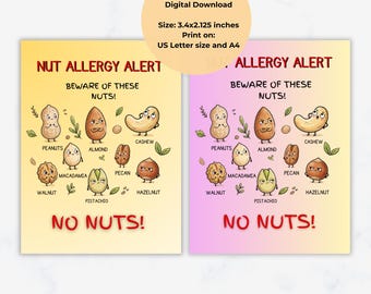 Nuts and Peanuts Allergy Card Printable | Medical Alert Wallet Card | No Nuts Food Allergy Card | Bag Tag PDF | US Letter & A4