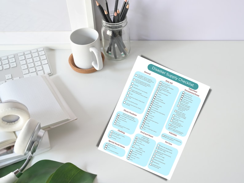 May include: A printable checklist for disaster preparedness. The checklist is divided into categories such as General, First Aid, Important Documents, Phone Numbers, Clothing, Food and Water, Vehicles, and Pet Care. Each category has a list of items to check off.
