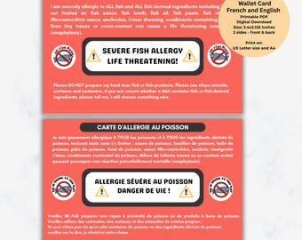 Fish Allergy Card for France Travel, Printable Bilingual Wallet Card, English and French, PDF Instant Download