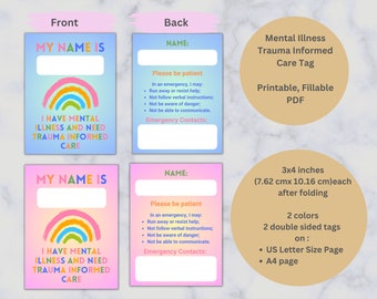 Mental Illness Tag, Printable, Emergency ID, I have mental illness sign,  Trauma Informed Card, Fillable PDF, US Letter and A4