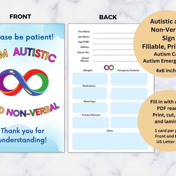 Fillable Autistic and Non-Verbal Sign, Rainbow Badge, Printable Autism Card, Emergency ID, I am autistic, Nonverbal Tag, Safety Info