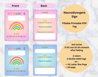 Neurodivergent Tag, Printable, Neurodiversity Emergency ID, Safety Info, Digital Download, Fillable PDF, US Letter and A4