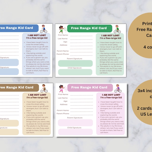 Free Range Kid Card, Printable, In Case of Emergency Note, Child Information, 4 color schemes