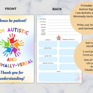 Señal de autismo con huellas de arcoíris. Soy autista y tengo un lenguaje mínimo. Tarjeta de autismo rellenable e imprimible. Identificación de emergencia. Información de seguridad.