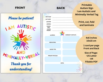 Rainbow Handprints Autism Sign, I am Autistic and Minimally Verbal, Fillable, Printable Autism Card, Emergency ID, Safety Info
