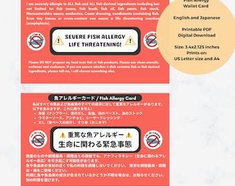 Fish Allergy Card for Japan Travel, Printable Bilingual Wallet Card, English and Japanese, PDF Instant Download