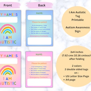 Etiqueta "Soy autista", imprimible, identificación de emergencia para autismo, tarjeta de autismo, información de seguridad, descarga digital, PDF rellenable, tamaño carta (EE. UU.) y A4.