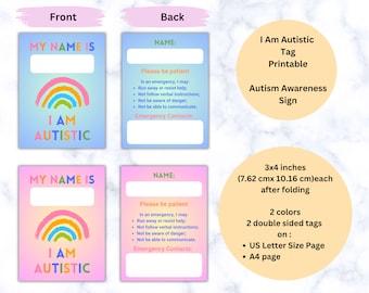 I Am Autistic Tag, Printable, Autism Emergency ID, Autism Card, Safety Info, Digital Download, Fillable PDF, US Letter and A4