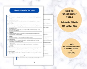 Editing Checklist for Teens, Graduation Gift, Highschool, Homeschool Curriculum for Teens, Writing Skills, US Letter PDF Fillable
