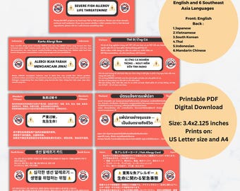 Fish Allergy Cards for Southeast Asia Travel, Printable Bilingual Wallet Card, Japan, Vietnam, Indonesia, SouthKorea, China, Thailand, PDF
