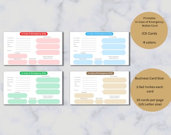 May include: Four printable "In Case of Emergency" (ICE) wallet cards in pink, blue, green, and beige. Each card has fields for personal information and ICE contacts. The cards are business card size, 3.5x2 inches each.
