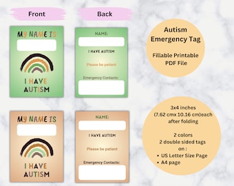 Autism Emergency Tag, Autism Emergency ID, I am autistic sign, Safety Info, I am Autistic Tag, Autistic Sign, Printable, Fillable PDF