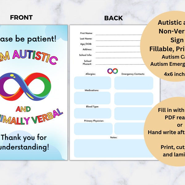 Autistic and Minimally Verbal, Fillable, Rainbow Editable Sign, Printable Autism Card, Emergency ID, I am autistic, Autism Tag, Safety Info