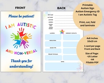 Rainbow Handprint Autistic and Non-Verbal, Hand Prints Badge, Printable Autism Card, Emergency ID, I am autistic, Nonverbal Tag, Safety Info