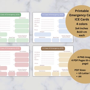 Kinder Notfallkarte, Printable, Im Notfall Rucksack-Notiz, Notfallinformationen, 4 Farbschemata