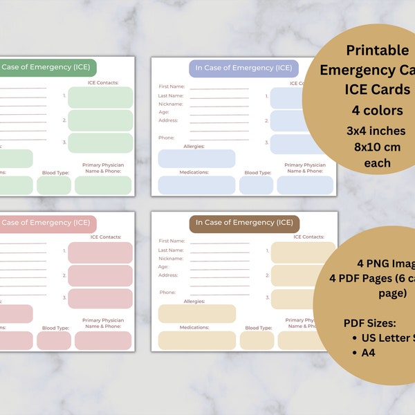 Kids Emergency Card, Printable, In Case of Emergency Backpack Note, Emergency Information, 4 color schemes