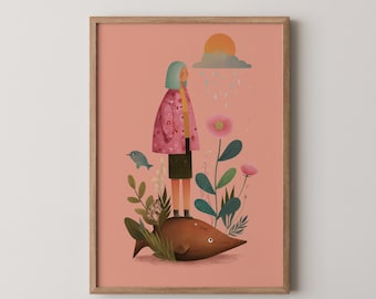 Wunderliche Mädchen auf Fisch Kunstdruck Kunstdruck: Surreale Kinderzimmer Illustration (Digitaler Download