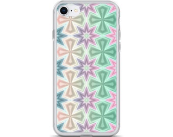 May include: A clear phone case with a colorful geometric pattern featuring pink, green, and blue hues. The pattern is made up of repeating stars and crosses.