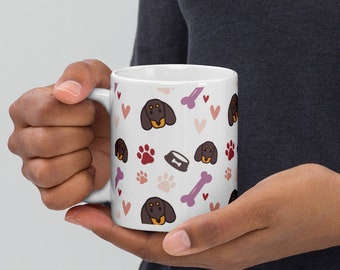 Caneca branca brilhante com padrão Dachshund