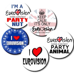 Exclusive Set of 5  -  Eurovision Song Contest Party Button Badges 2.2&quot;/55 mm