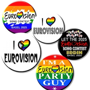 Exclusive Set of 5  - BASEL 2025 Eurovision Song Contest Party Button Badges 2.2"/55 mm - GAY - LGBTQ diam 2