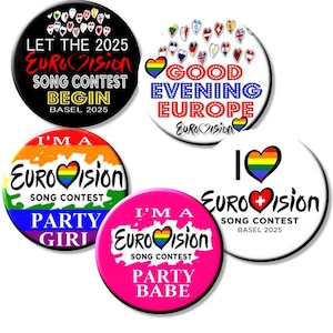 Exclusive Set of 5  - BASEL 2025 Eurovision Song Contest Party Button Badges 2.2"/55 mm - GAY - LGBTQ diam 3