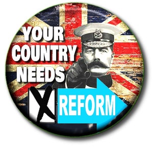 Op de afbeelding: Een vintage-stijl knoop met een verweerde Union Jack-achtergrond. De knoop toont een man in militair uniform die naar de kijker wijst met de tekst "YOUR COUNTRY NEEDS" erboven. Een blauwe pijl met het woord "REFORM" wijst naar rechts, en een stembus met een grote "X" bevindt zich op de voorgrond.