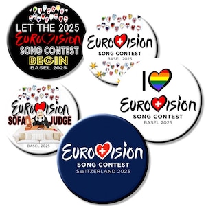 Exclusive Set of 5  - BASEL 2025 Eurovision Song Contest Party Button Badges 2.2"/55 mm - GAY - LGBTQ diam