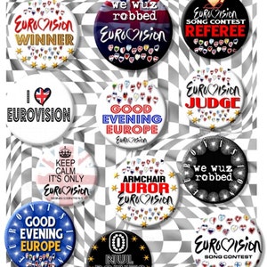 I Love Eurovision - Set of 12 x Eurovision Song Contest Party Button Badges 2.2&quot;/55 mm diam