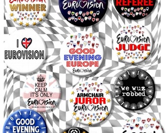 Amo Eurovisión - Juego de 12 botones con forma de fiesta del Festival de la Canción de Eurovisión de 2,2"/55 mm de diámetro