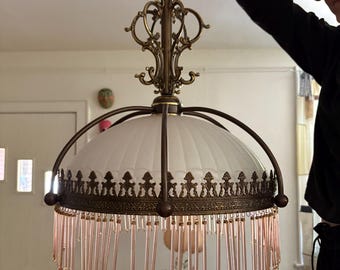 1920s/30s Frosted Glass Dome Chandelier with Brass Crown Detailing and Pink Blown Glass Beads (FREE SHIPPING)