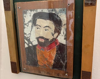 Mixed Media Portrait made with Painted Distressed Metal, Reclaimed Wood and Etched Glass