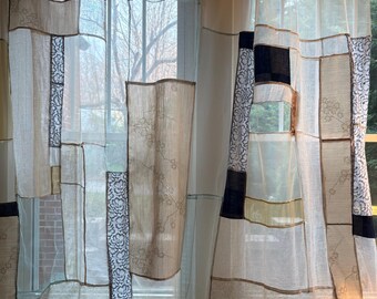 Pojagi Curtains Handmade from Vintage Japenese Fabric, linen, 1960s embroidered ribbon, and hand dyed silk