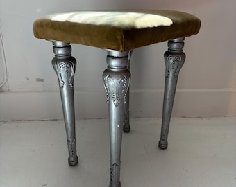 1920s Antique Silvered Cast Iron and Chartreuse Velvet Stool